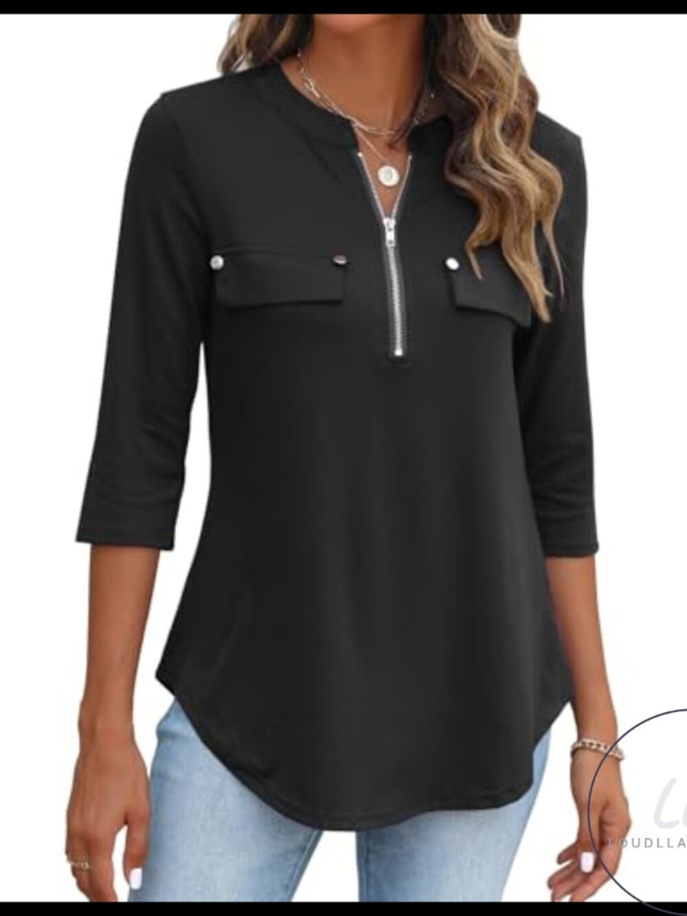 3/4 Sleeve V-Neck Zipper Tunic Top for Women